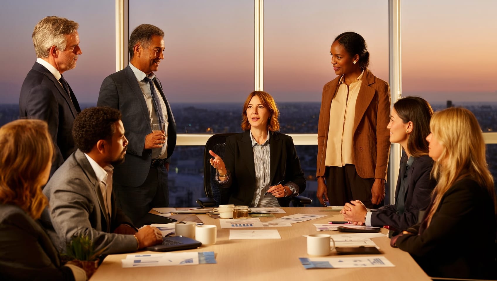 JULY Investment advisors reviewing an acquisition together in a boardroom