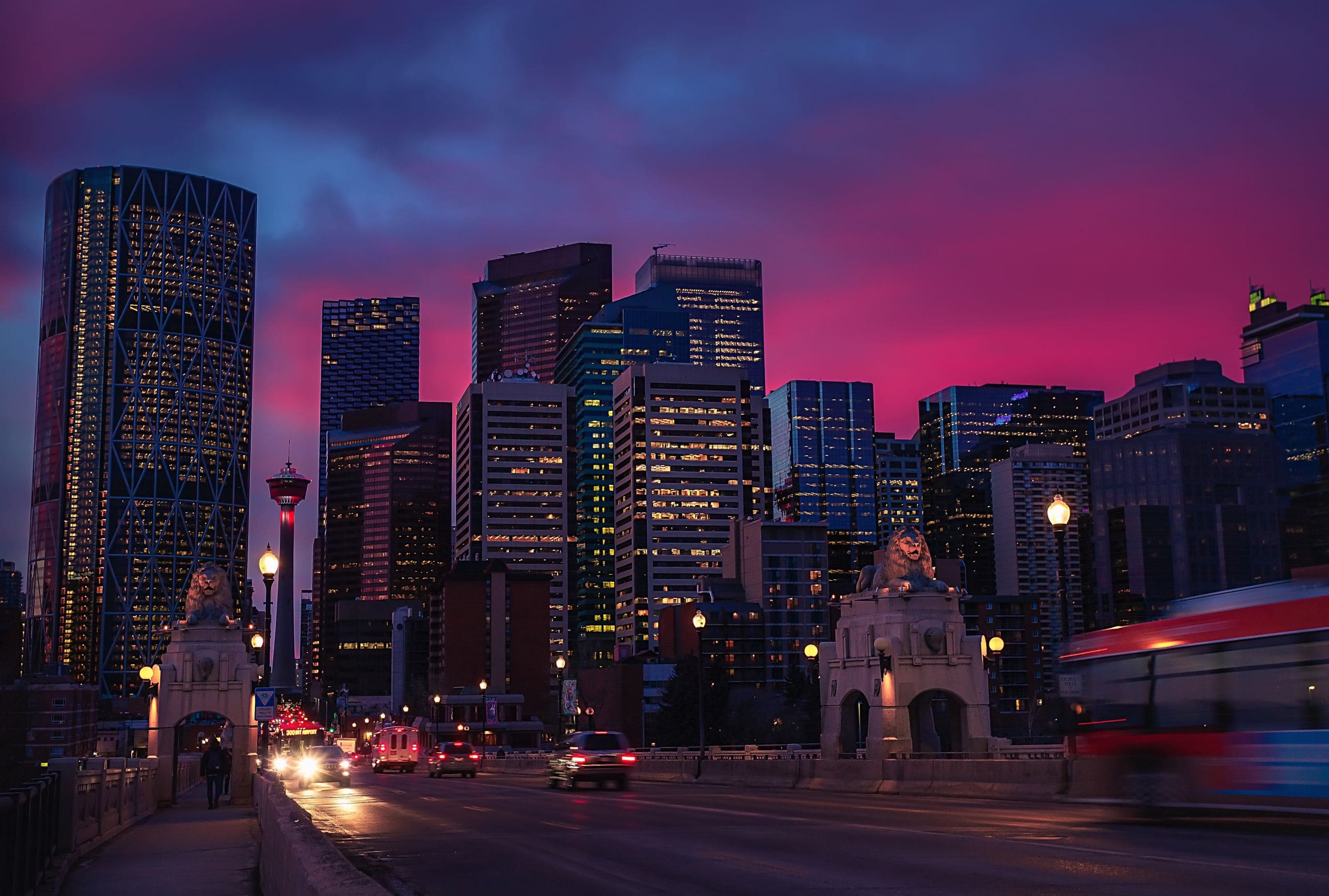 Downtown Calgary skyline at dusk, the city JULY Investment is built around