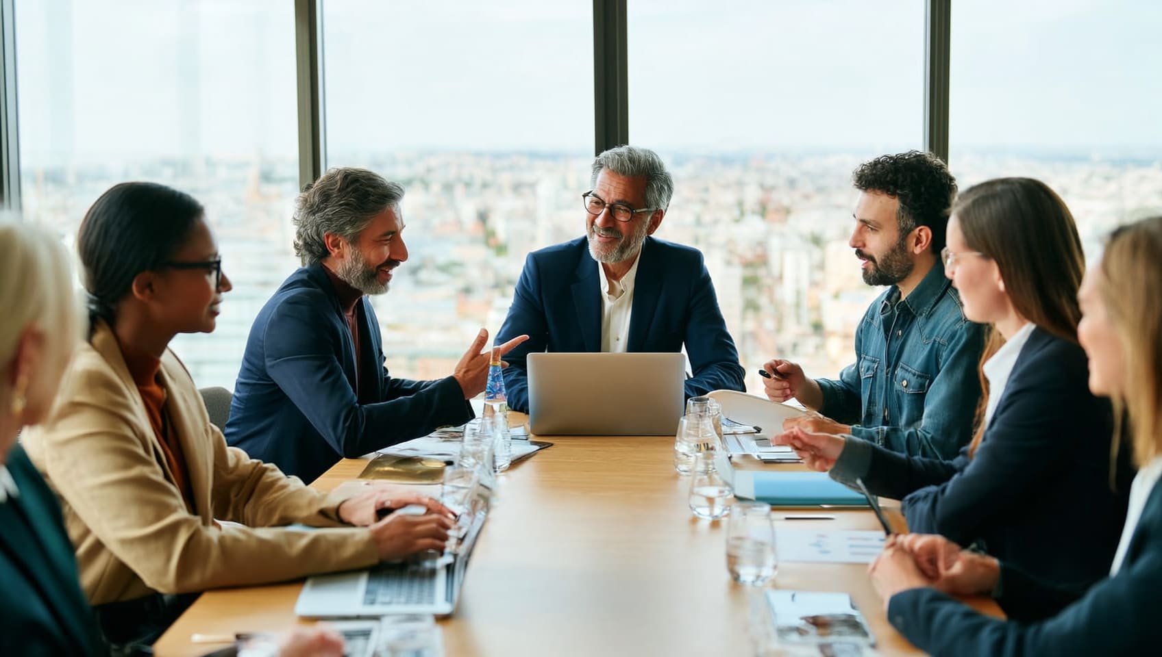 An advisory team and client reviewing an investment portfolio plan together at a boardroom table