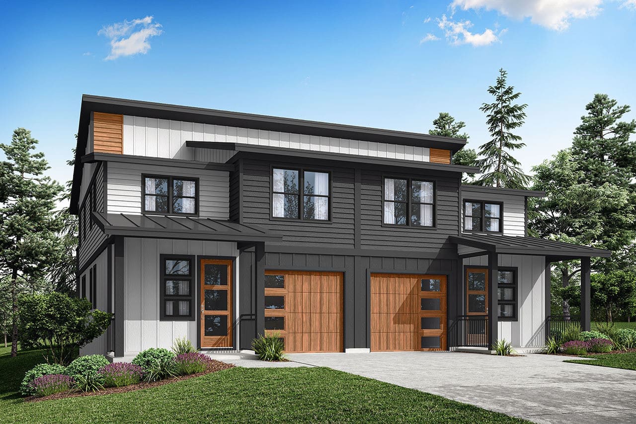 Rendering of a modern 4-plex with dark siding and wood-tone garage doors