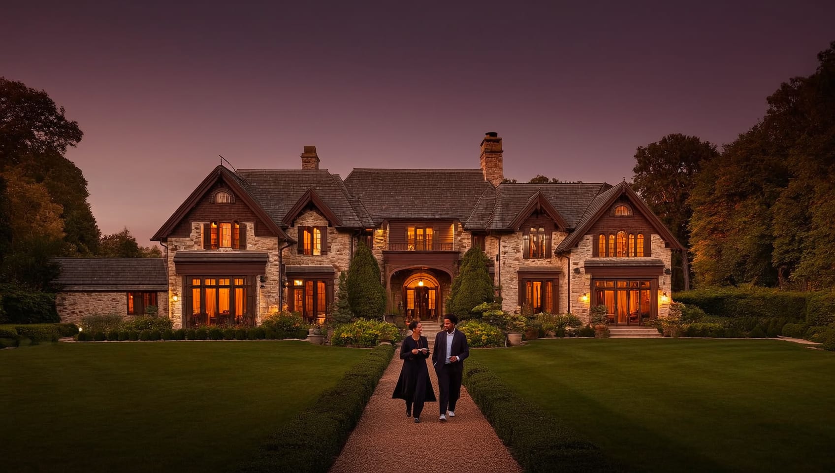 Large stone and shingle estate home with manicured lawn in an exclusive Calgary neighbourhood