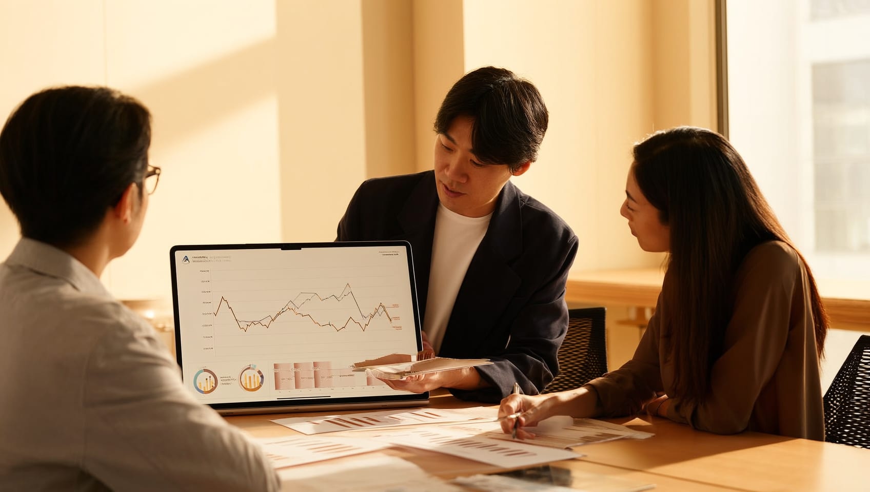 An analyst pointing out population growth and demand trends on a market data chart to a colleague