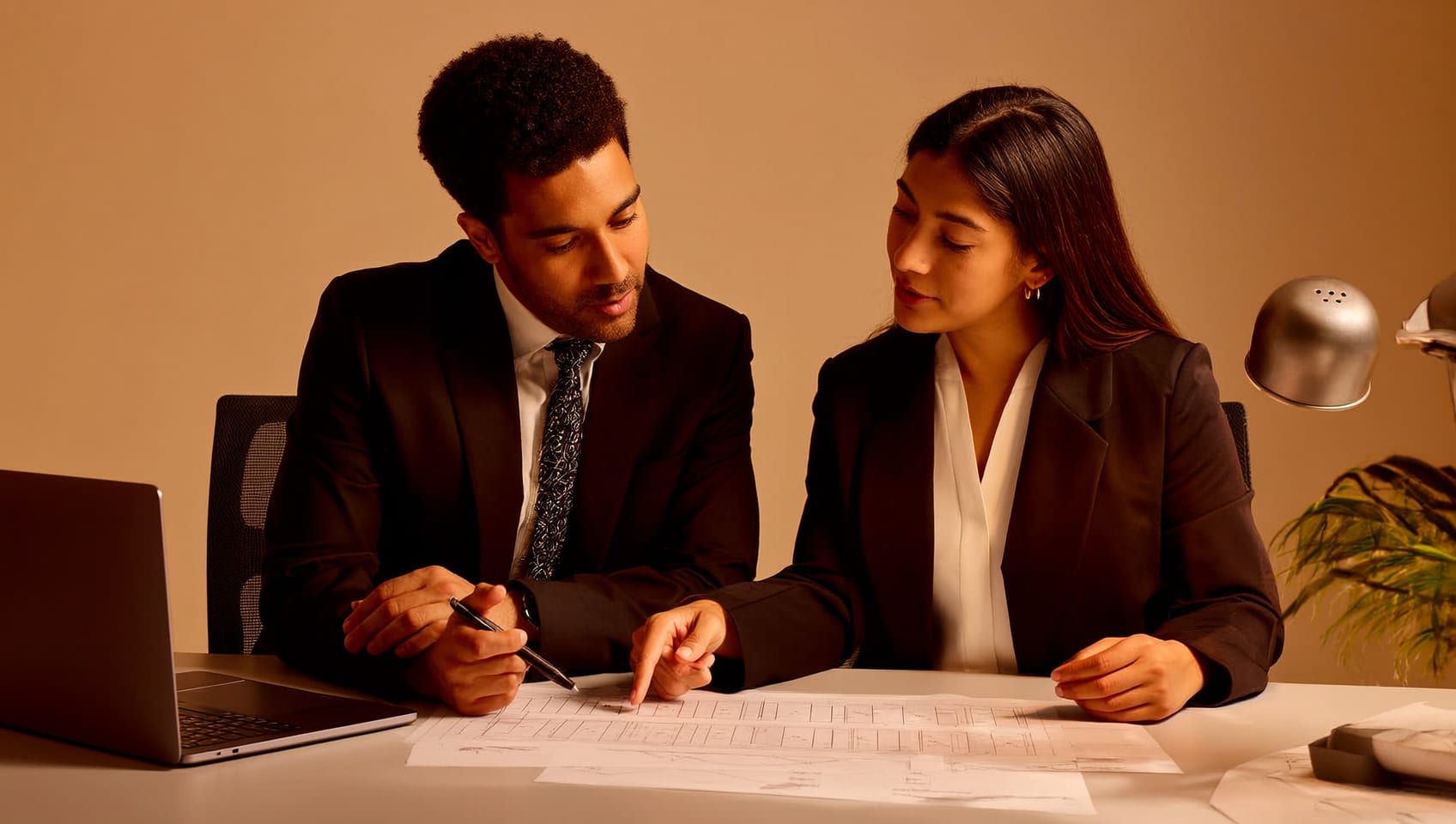 An advisor reviewing a multiplex financing structure with a client at a desk covered in floor plans