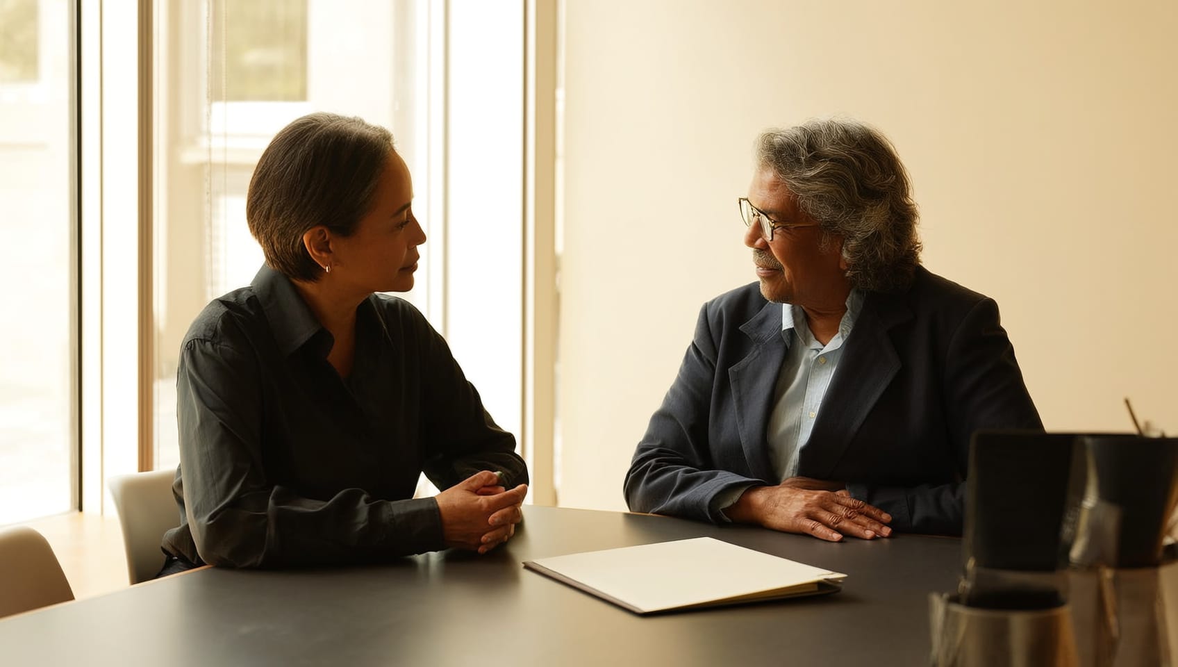 An investor and advisor reviewing a confidential net worth assessment together in a bright office
