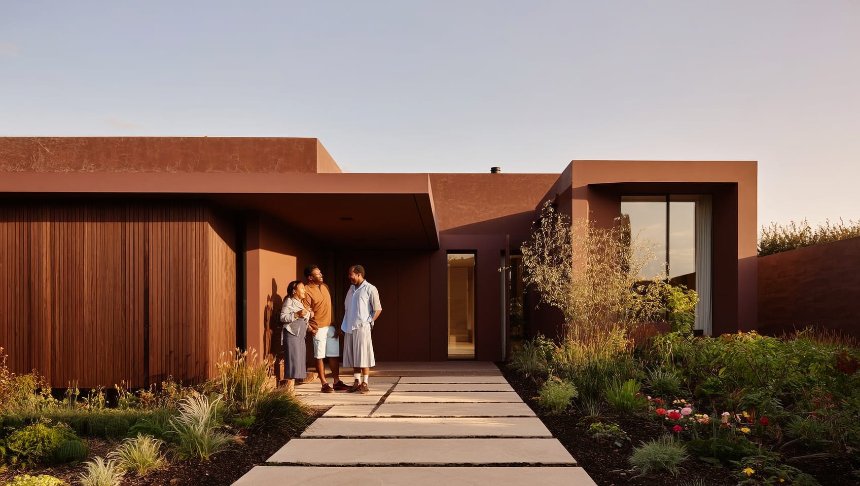 Modern white house with dark roof, landscaped garden and curved stone walkway