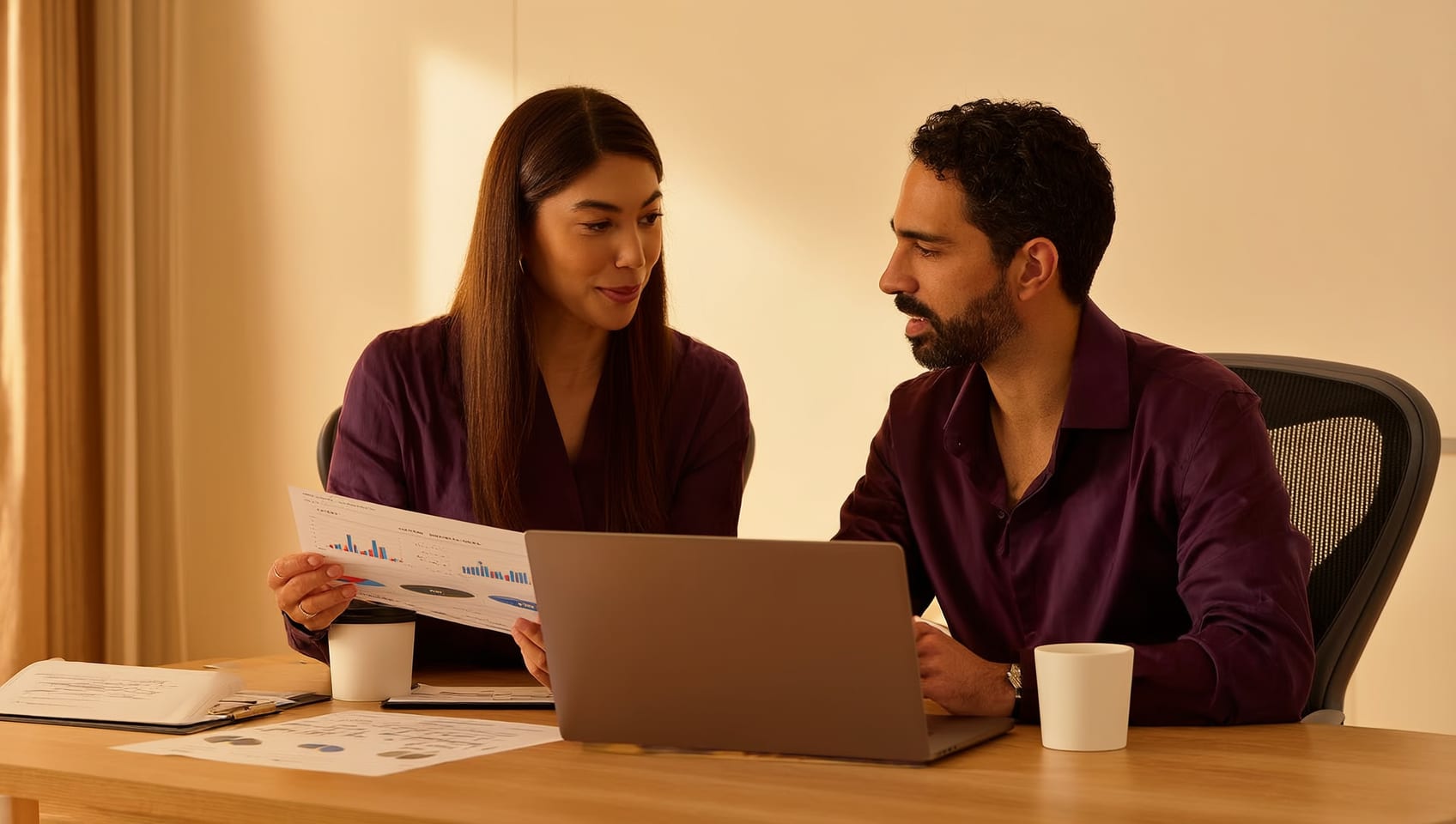 An investor and analyst reviewing a rental portfolio performance report together at a laptop