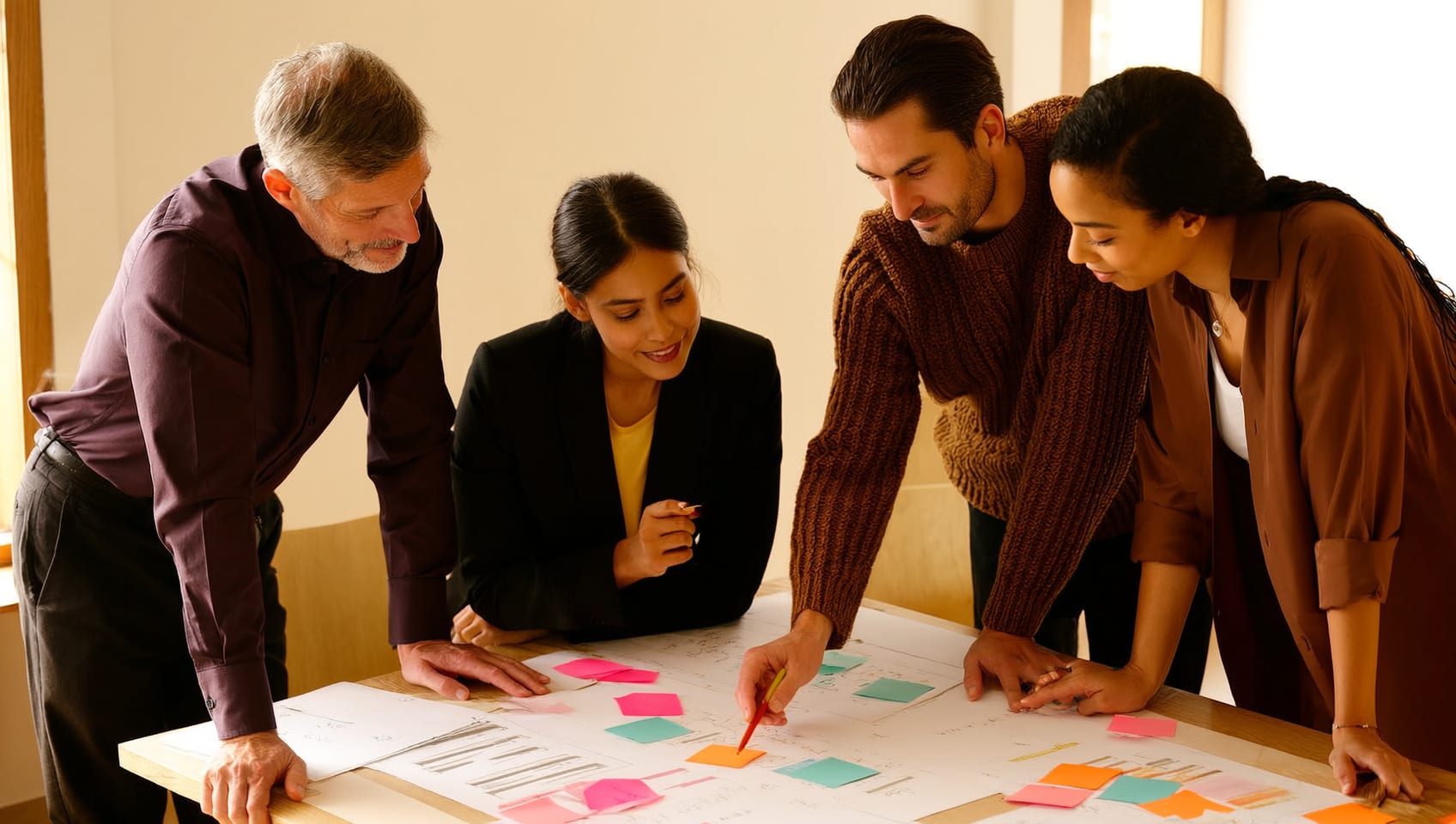 A small team of investors mapping out a real estate strategy together around a table of charts