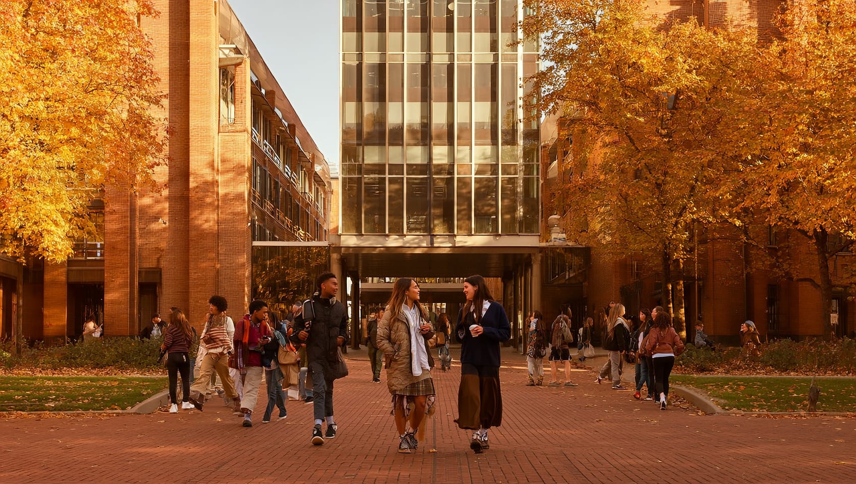 University campus building with students walking between classes